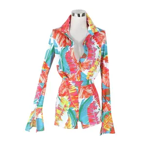 La Chica Women's Long Sleeve Shorts Romper with Collared Design Comfortable Fit Vibrant Palm Leaf Pattern Yellow Orange Turquoise Pink White