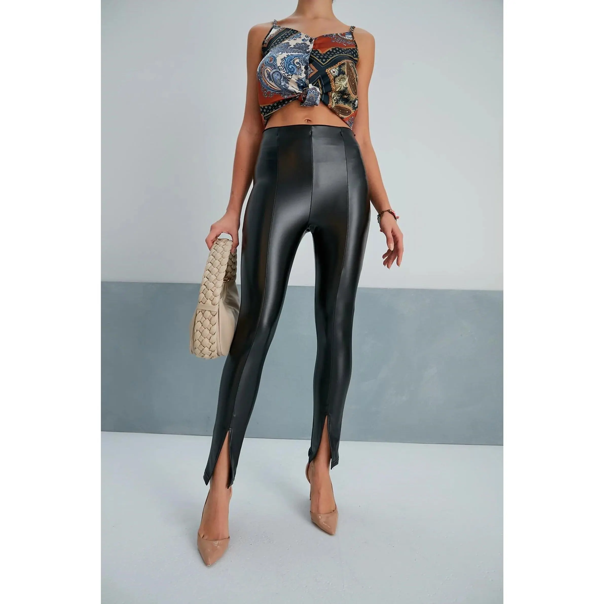 Women's Black Leather Pants with Slit Hem Skinny Fit | Yildiz Studio