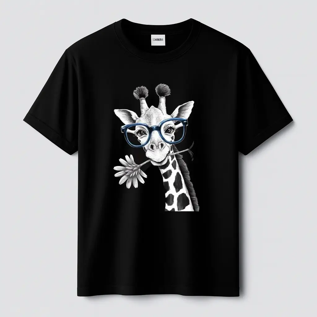 Women's Giraffe Print T-Shirt, Classic Style Crew Neck Top in 100% Soft Cotton, Breathable Fabric, Made in US, y042-black, Everyday, Fit