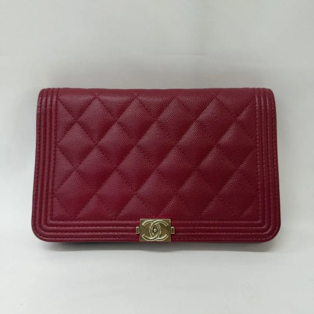 Pre-owned CHANEL Le Boy Wallet On Chain (WOC) in Red Caviar Leather, 23 Series