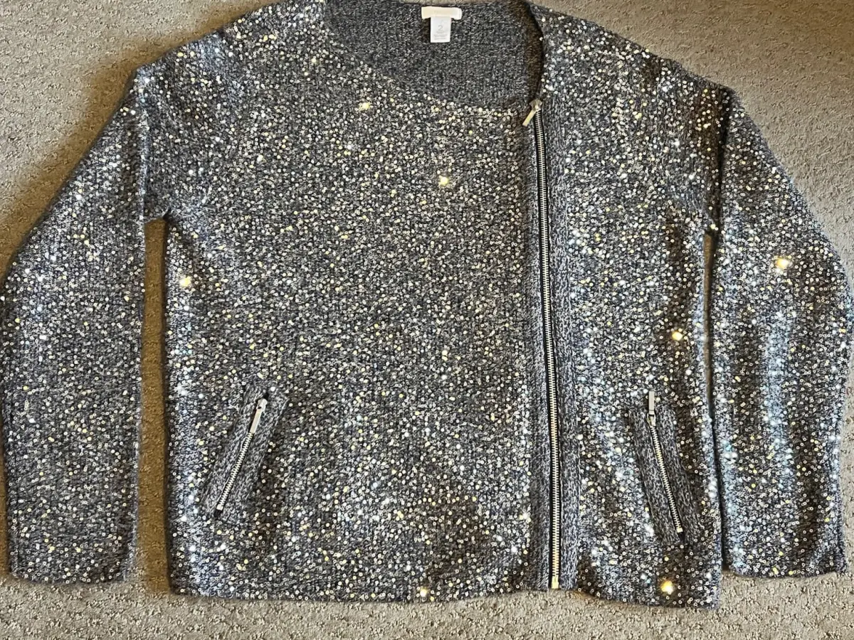 Chico's Platinum Silver Sage Sequin Cardigan Size 2 MSRP: $149
