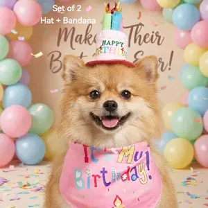 Pet Birthday Party Costume Set - Adjustable Cake Hat & “It’s My Birthday” Bandana for Small to Large Dogs & Cats - Soft, Reusable, Viral Social Media Photo Props