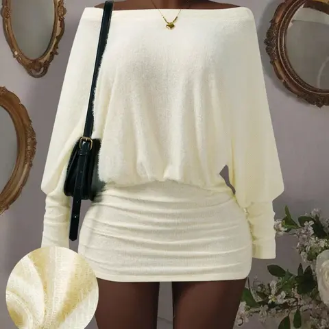 Women's Spring & Fall Fashion Sexy Sheer Transparent Batwing Sleeve Tight Casual Street Party Vacation Dress, One Shoulder Bodycon Dress