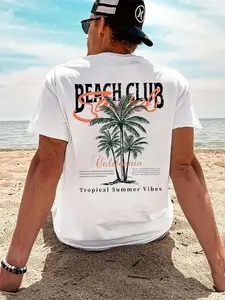 Men's USA Flag Pattern Short Sleeve T-Shirt Round Neck, Casual Streetwear Tropical Summer Fashion for Outdoor Activities, Fitted Knit Fabric and Moderate Thickness