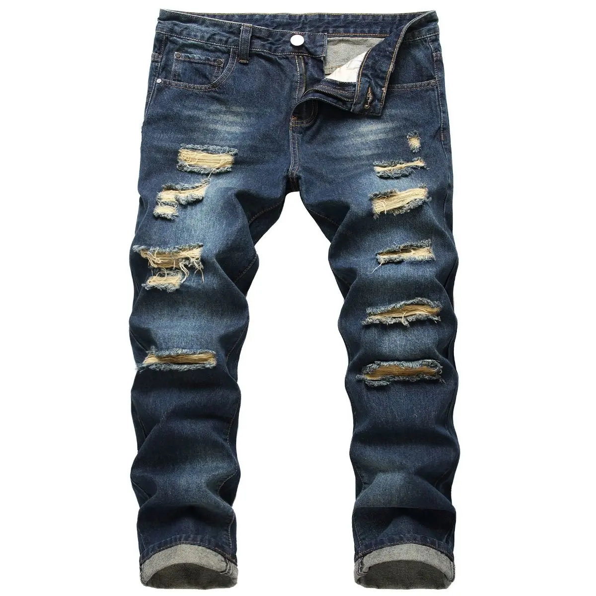 Men's navy blue Ripped Elasticity Skinny Wild Jeans