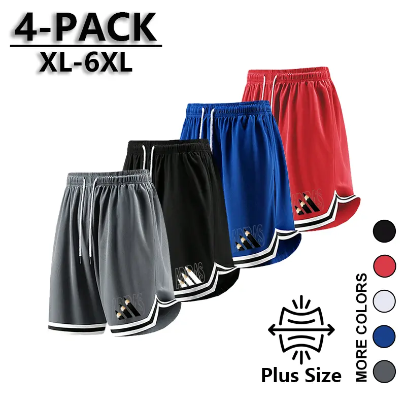 Plus-size 4 pack men’s basketball shorts quick-drying, breathable athletic training shorts with an elastic waistband and drawstring; classic print casual street-style shorts suitable for the gym, running, training, and summer sports.