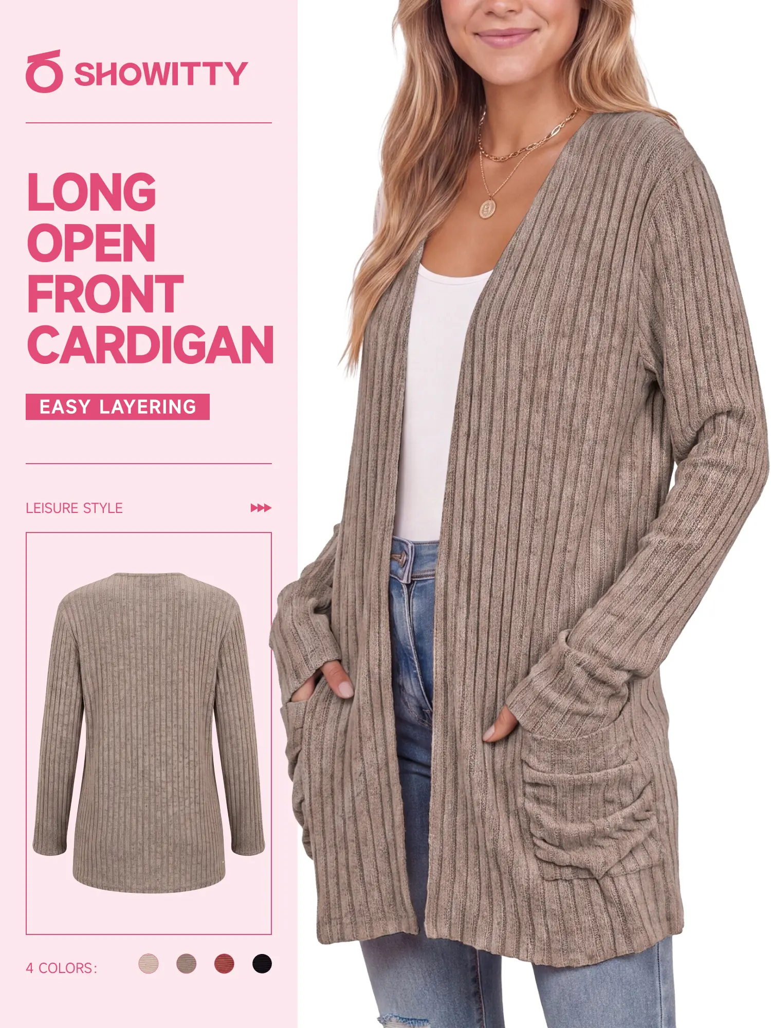 【Soft Layers】SHOWITTY Womens Soft Knit Long Cardigan Open Front Lightweight Layering Cardigan with Side Pockets Casual Outerwear