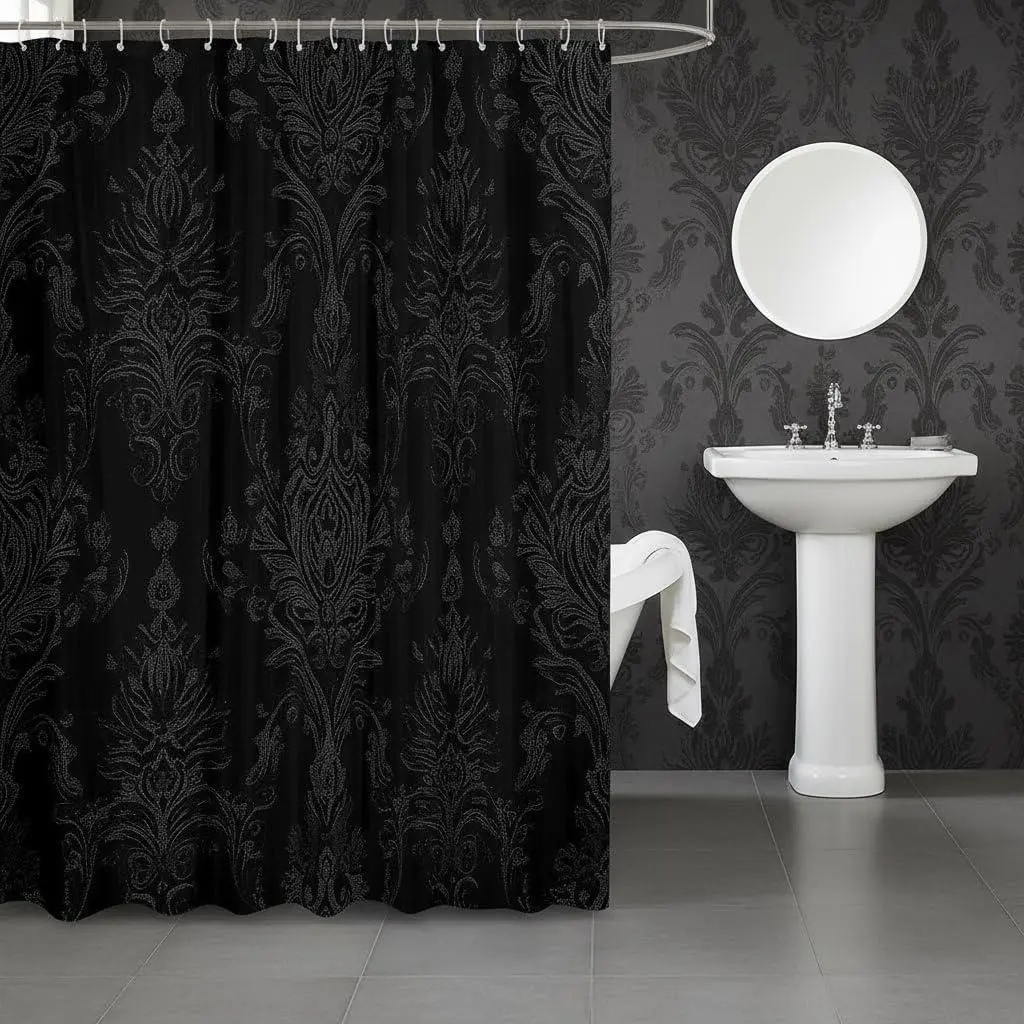 Adults Black Damask Shower Curtain Antique Victorian Bathroom Shower Curtain Sets Bohemian Baroque Gothic Waterproof Bathroom Curtains Vintage Floral Bath Curtain