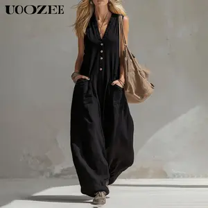 UOOZEE Women's New Summer Sleeveless Jumpsuit with Pockets, 100% Polyester Loose Baggy Wide Leg Jumpsuit, Casual Oversized V Neck Button Front One Piece, Size Down for Slim Fit, Beach, Style,summervibes