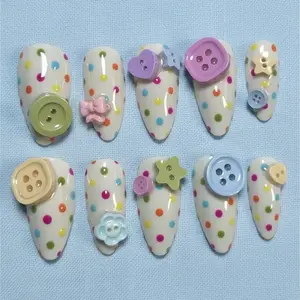 Colorful Polka Dot Button Nails, 3D Pastel Buttons & Cute Bow Almond Press On Nails, Reuusable Nail For Girl Daily Wear, Birthday or Holiday Gift