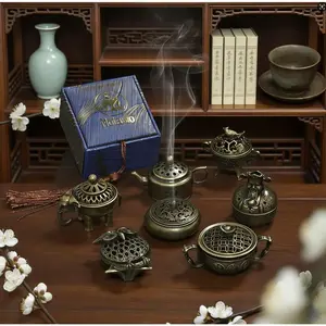 Assorted Vintage Incense Burners Miniature Ornate Metal Holders in Owl, Elephant & Teapot Designs | Desk & Home Fragrance Decor with Blue Gift Box