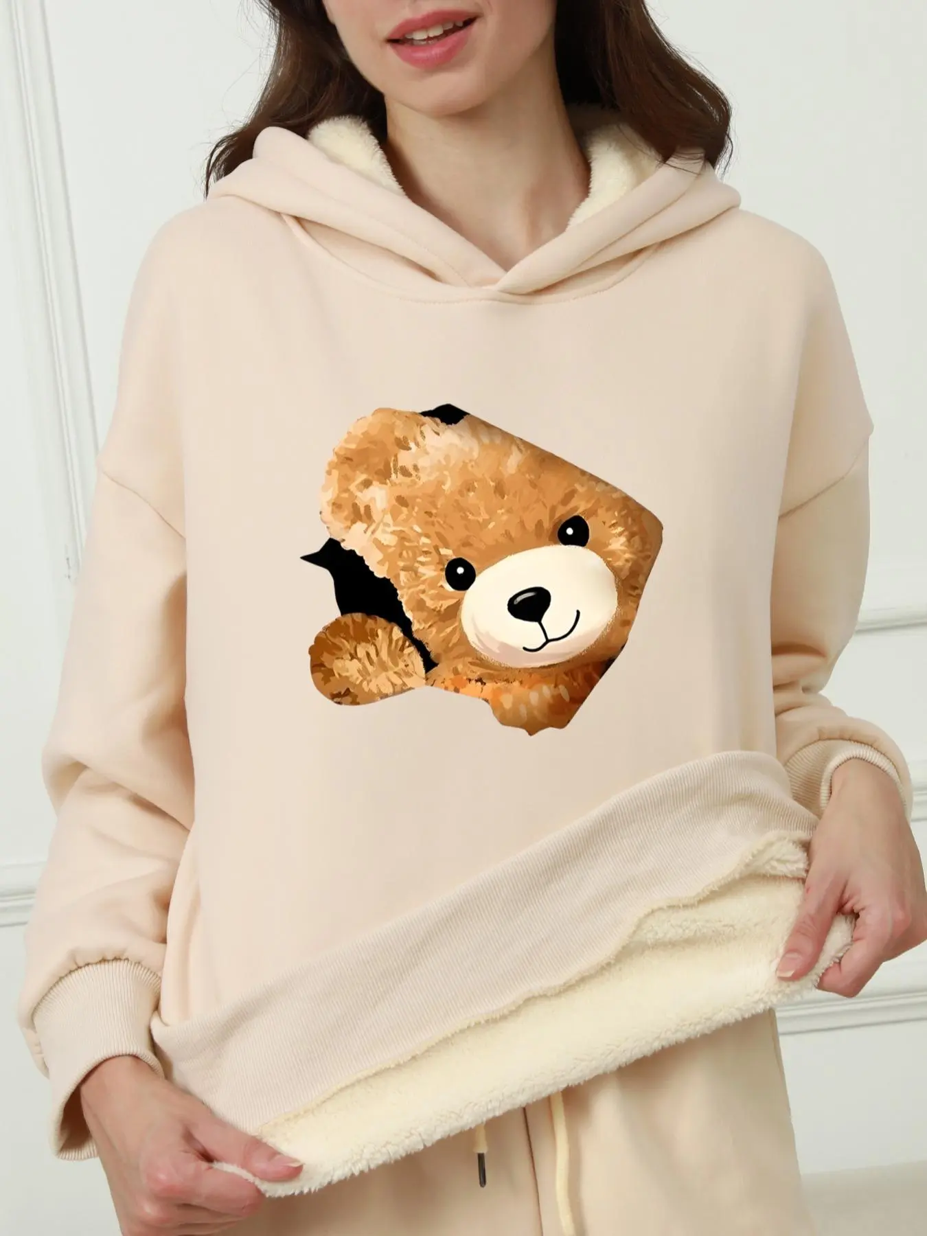 Women's Cartoon Bear Print Drop Shoulder Plush Lined Hoodie, Fashion Casual Long Sleeve Hooded Sweatshirt for Daily Holiday Outdoor Wear, Women Clothing for Fall & Winter, Casual Hooded Sweatshirts, Hoodie Top