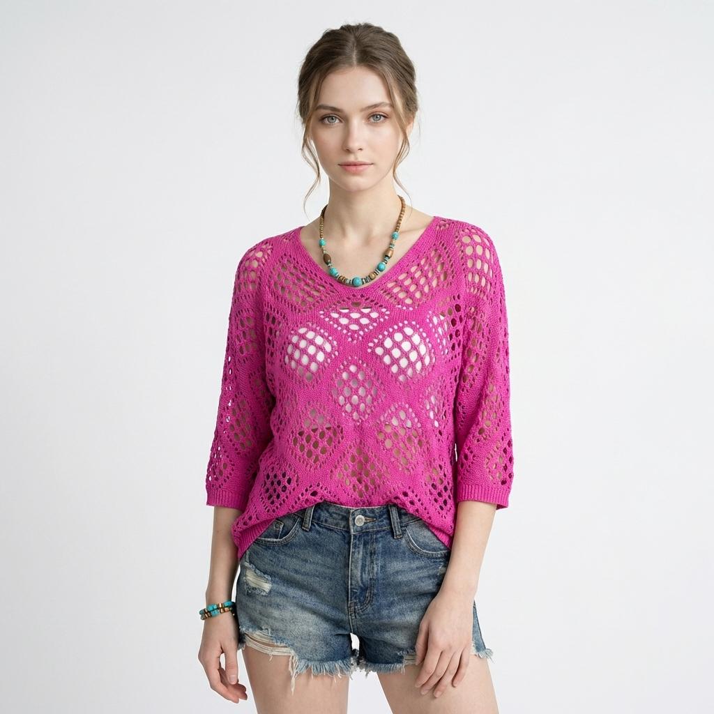 Women's Crochet V-Neck Hooded Sweater - Lightweight Hollow Out Mesh Knit Top Batwing Half Sleeve Slouchy Pullover - Y2K Boho Chic Summer Beach Cover Up Festival Outfit See-Through Knitwear - Plus Size Options