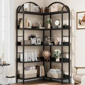 Arched Corner Bookshelf, 5-Tier Iron & Wood Industrial Bookcase, 68.5" Tall L-Shaped Display Shelf for Living Room, Home Office, Bedroom, Retro Brown