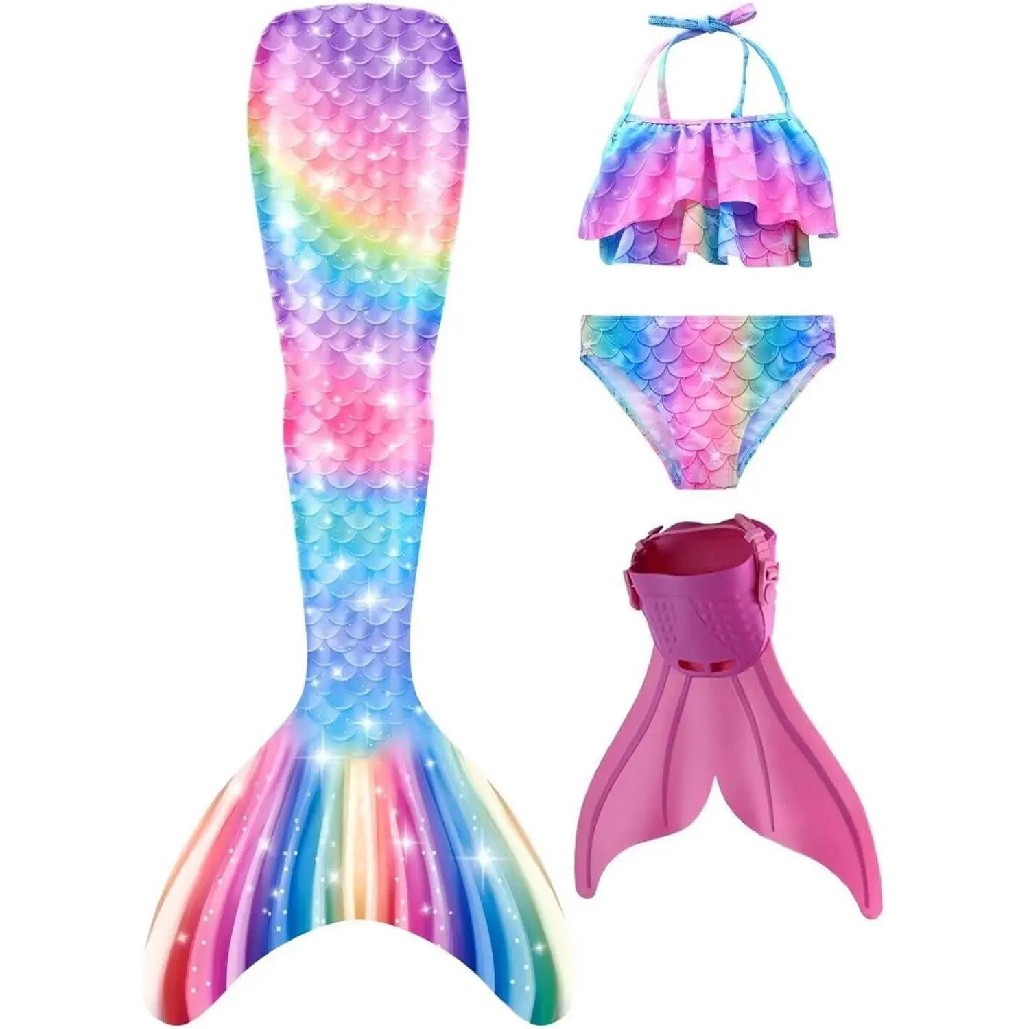 Girls' Mermaid Tail Costume, 4-Piece Swimable Bikini Set with Monofin, Fish Scale Polyester Blend for Hawaii, Christmas & Halloween Themed Party, Themed Costumes, Swimsuits, Bathtub, Bikini Top