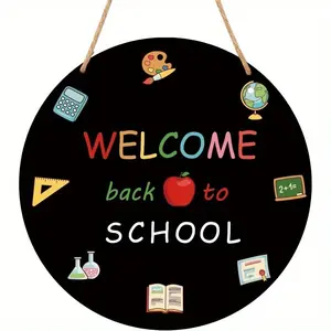 Back to School Classroom Door Decor Sign, Wooden Front Door Hanging Ring, First Day of School Bulletin Board Teacher Supplies, Indoor Decoration