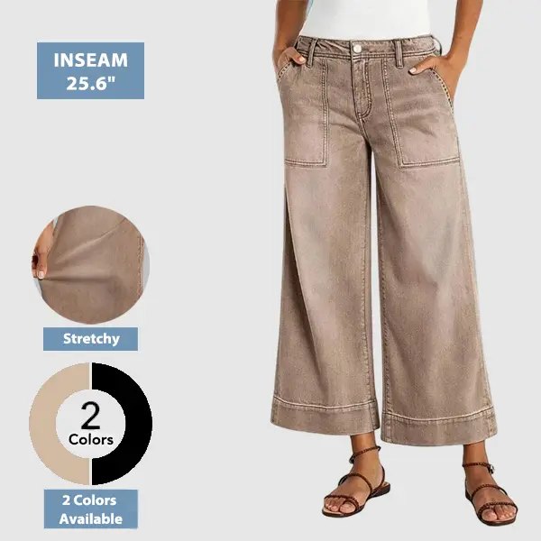 Flamingals Wash Patch Pocket Wide Leg Mid Rise Crop Pants Stretchy 25.6'' Inseam