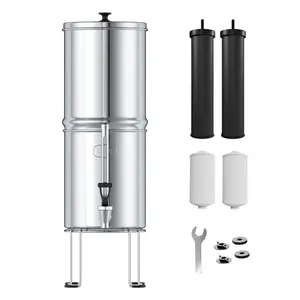 USWF Gravity Fed Water Filter - 2.25 Gal. Stainless Steel w/ 2 Carbon Filters, 2 Fluoride Filters, Portable Countertop Filtration System, Metal Sight Glass Spigot, Stand, NSF/ANSI 372 Certified
