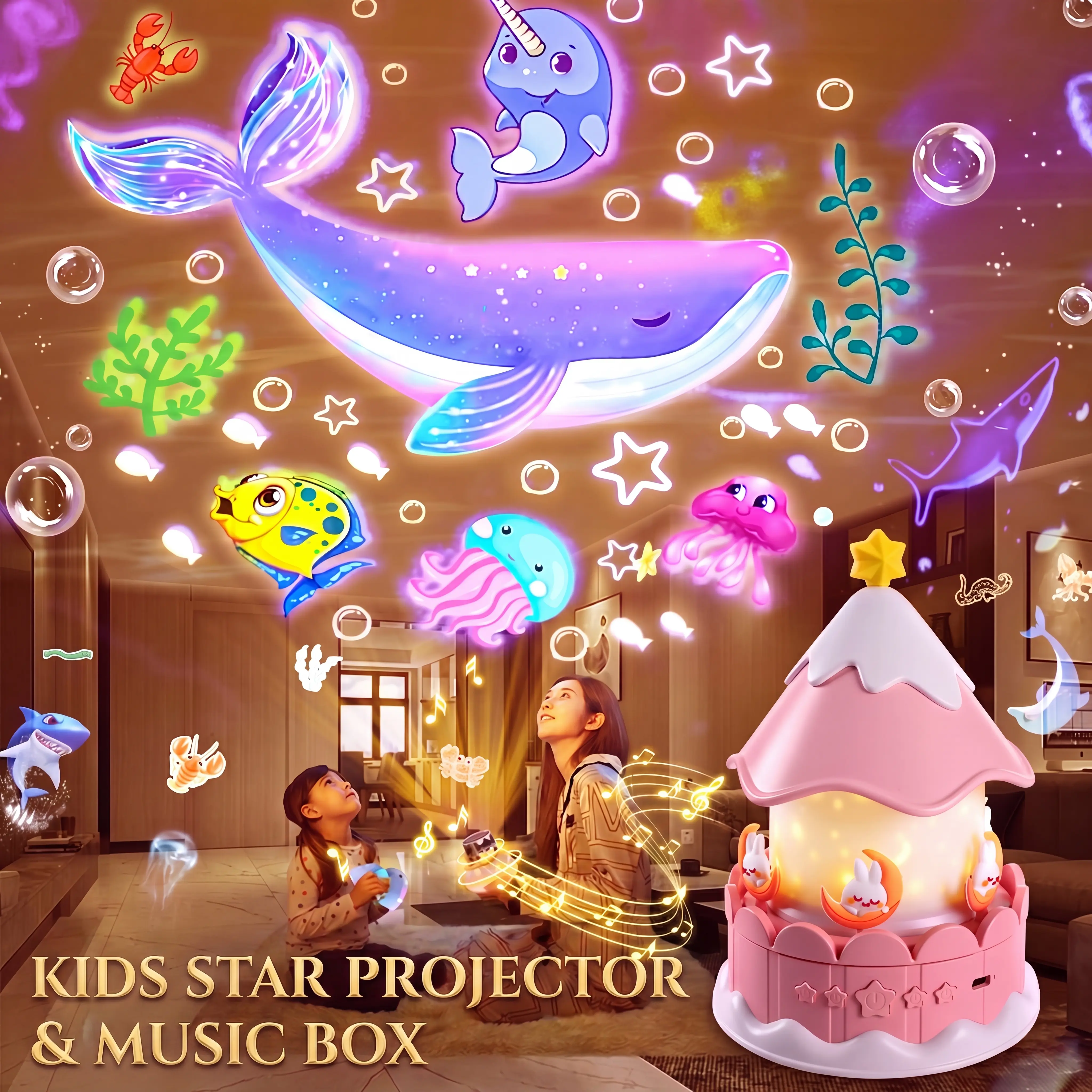 YOUKELUX C1 Carousel Automatic Colorful LED Projection Novelty Night Light - 3W ABS Plastic Single Unit, Bluetooth Audio Speaker, Aurora Effects, Auto Shut-Off, Low Voltage, Batteries Built-In Mood Lighting for Kids Bedroom, Cells