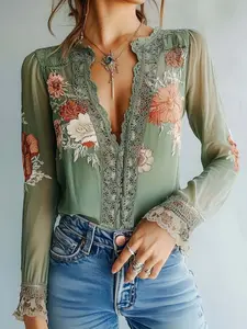 Women's Bohemian Sexy Lace Patchwork Deep V Neck High Quality Fitted Embroidered Floral Print Spring Pullover Shirt, Elegant and Stylish Top