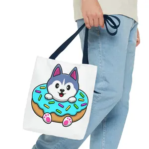 Kawaii Minimalist Style Pup Doughnut Hole Tote Bag Cute Dog Lover Gift Animal Print Shopping Bag Adorable Puppy Canvas Fun Doughnut Tote tote bag