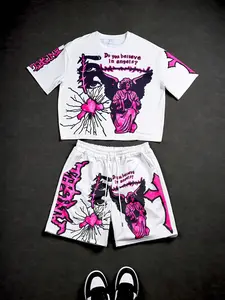 Unisex Vintage Streetwear Heart Angel & Cross Graphic Short Sleeve T-Shirt and Shorts Set, Y2K Style Couples for Spring & Fall, Trendy Tiktok Tees