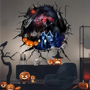 Halloween Horror House Stickers Set, Grim Reaper Pumpkin Head Decor, PVC Material, Room Wall Home Decoration, Halloween Party Gift