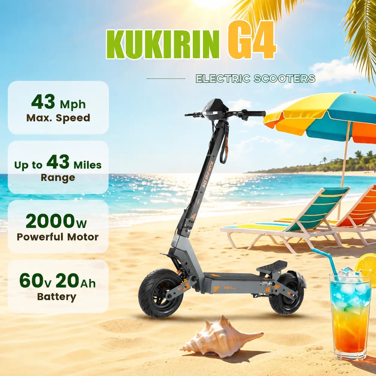 KUKIRIN G4 Electric Scooter for Adult , Foldable Commuter Electric Scooter for Unisex Adults, 2000W Motor, 43 MPH, 43 mi Range with Dual Disk Brake and 11" Off-Road Tires for Off-Road Riding, 12 Months Warranty, Compact, Outdoor Fitness