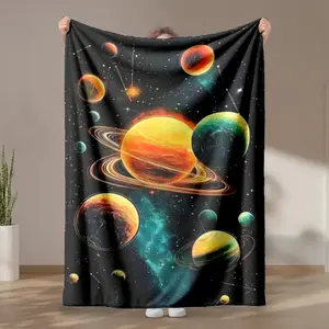 Interstellar space landscape of the solar system planets themed flannel blanket - Flannel Throw Blanket, Oversized fluffy warm sofa blanket, flannel for beds, all-season multi-purpose, modern style, machine washable, digital print design, 100% polyester