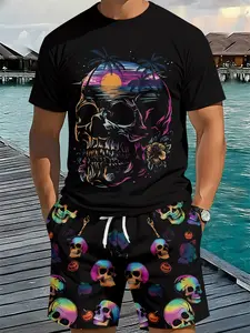 Men's 3D Digital Printed Two-Piece Set with Rainbow Skull Tropical Beach Pattern, 2Pcs, Trendy Fashion Outfit, Festive Retro Casual Two-Piece Suit, Vacation-Style Beachwear Trendy Wear, Breathable Sports Casual Style, Perfect Festival Gift for Men, Vibe