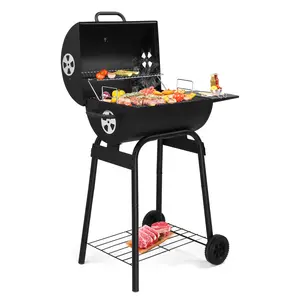 Sturdy Portable Barrel Charcoal Grill - Outdoor BBQ with Side Table, Wheels, Ash Management System, Heat-Resistant Handles for Backyard, Camping Parties