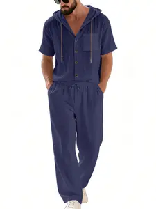 Men's Summer Linen Breathable Beach Short Sleeve Hooded Pocket Shirt Casual Plain Long Pants Set, Slim-Fitting, Plain Pattern