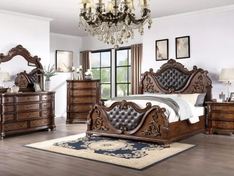 CM7478CH-4PC Astoria Grand Esperanza Brown Cherry Finish Wood Tufted Faux Leather Upholstered Queen Bedroom Set