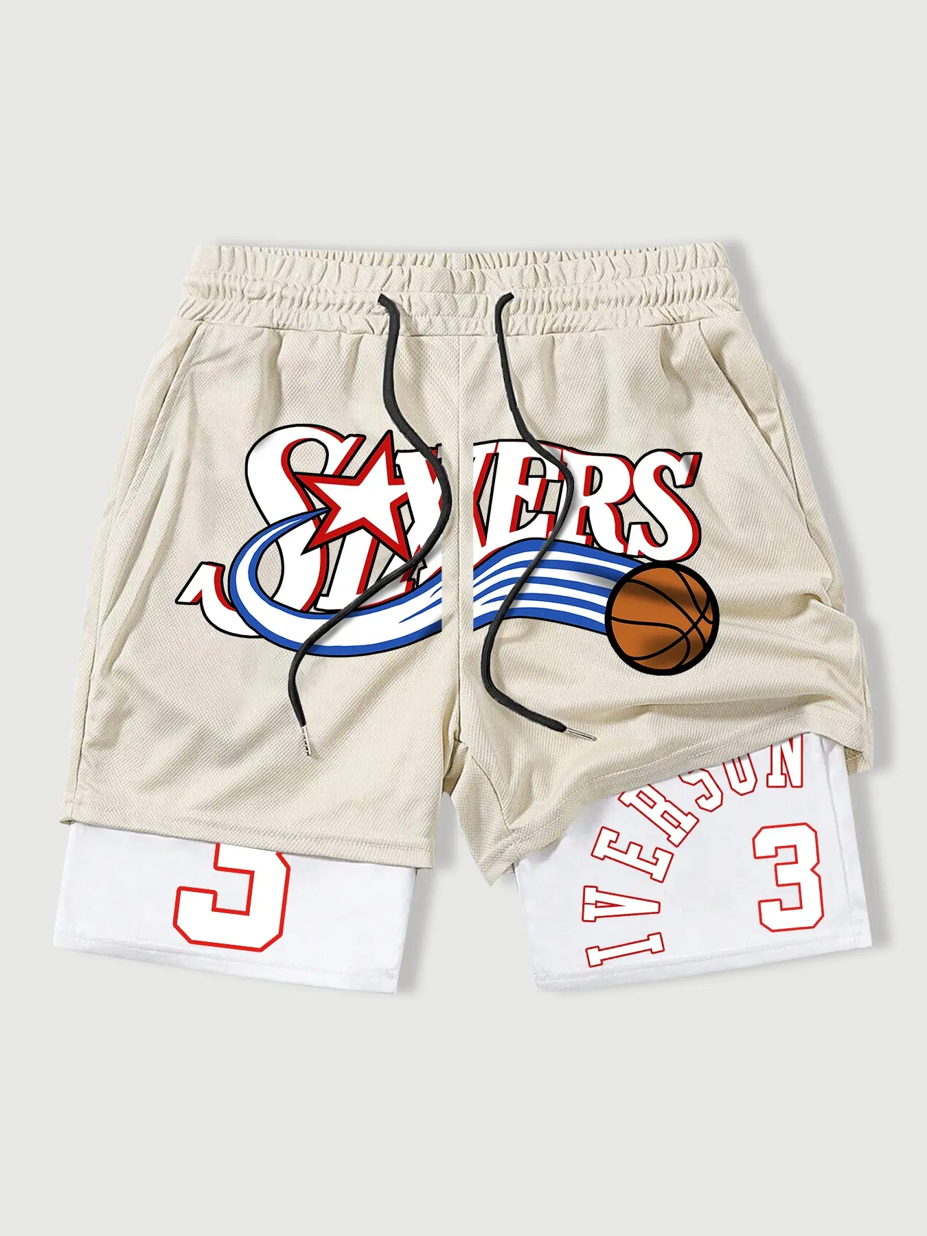 Men's Basketball Theme Two-Piece Shorts, Light Outer Layer with Sixers Logo, Inner Leggings Iverson 3, Sporty Streetwear
