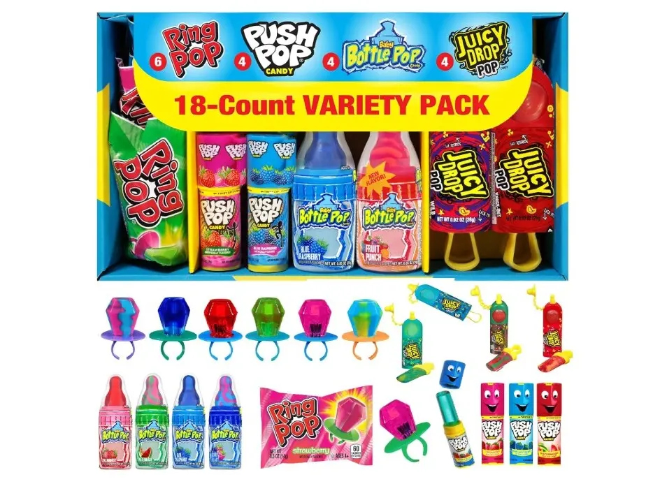 Candy Variety Pack, 18 Count Assorted Lollipops, Bulk Individually Wrapped Ring Pop, Push Pop, Baby Bottle Pop & Juicy Drop, Ideal for Birthdays, Party Favors for Kids & Hard Candy Gifts