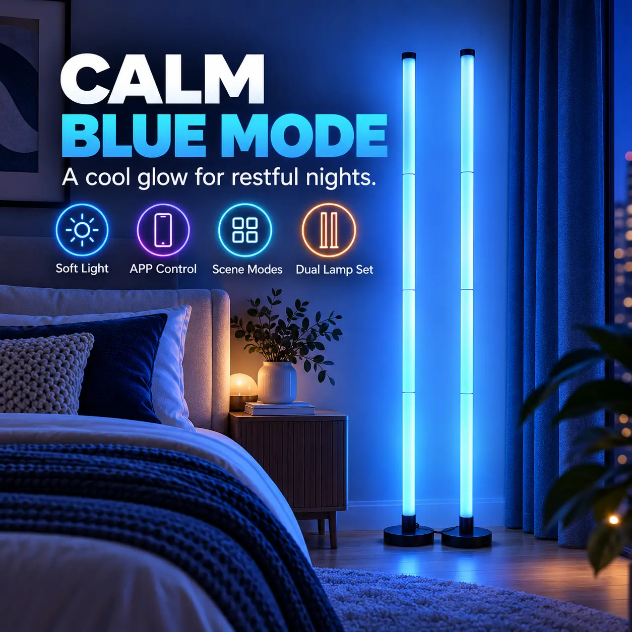 Dual RGB Mood Floor Lamp with 2 Linked Light Tubes, Color Changing Effects, Music Sync and Remote Control for Bedroom and Living Room