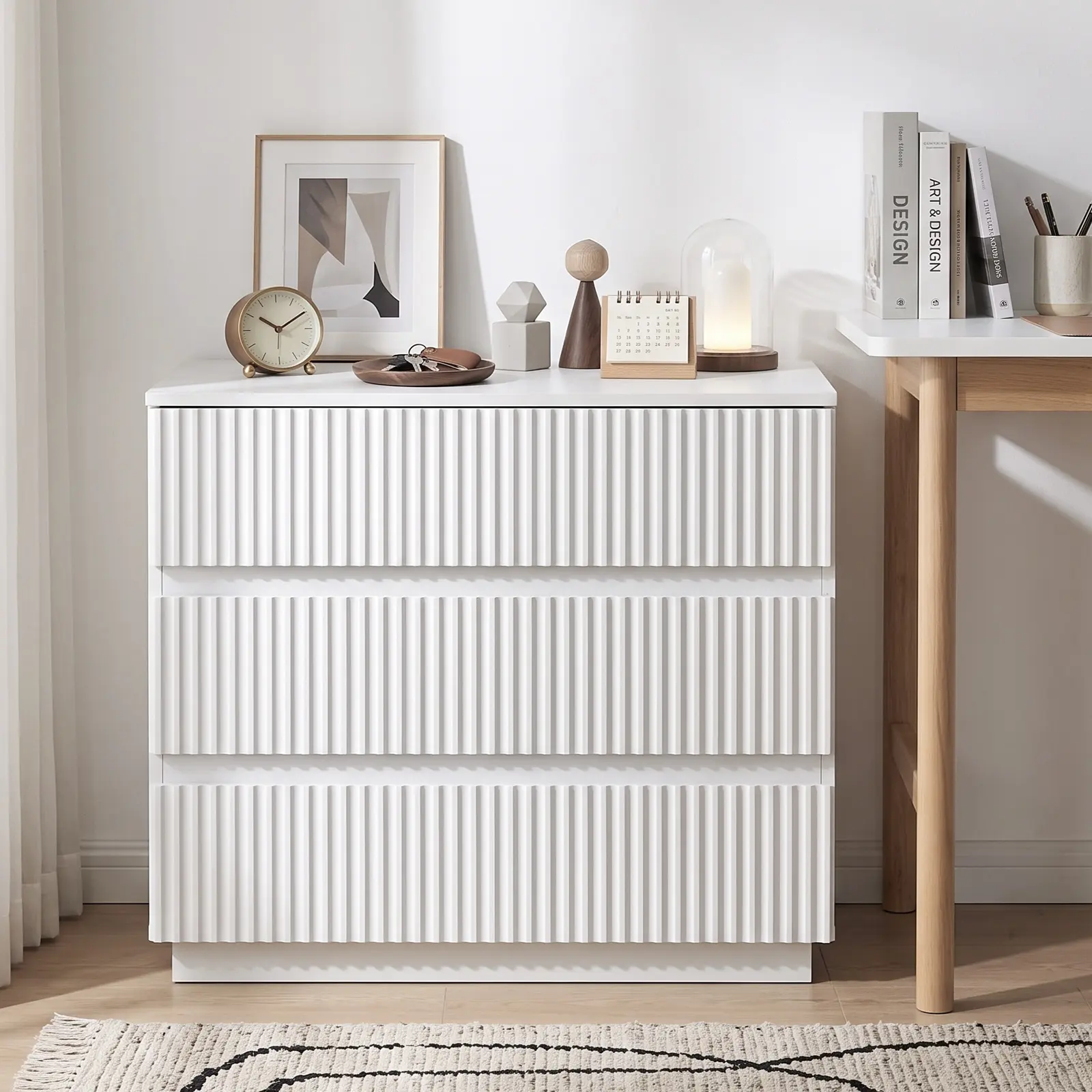 White 3-Drawer Handle-Free Grille-Finished Chest of Drawers - P2 Particleboard & MDF Construction with Melamine Veneer Thermoformed Panels, Contemporary Bedroom Storage Cabinet Nightstand