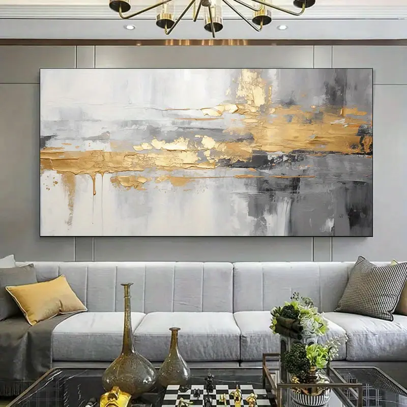 1pc Framed Canvas Painting - Modern Gold and Silver Canvas Painting Living Room Art Modern Canvas Poster Bedroom and Living Room Decor