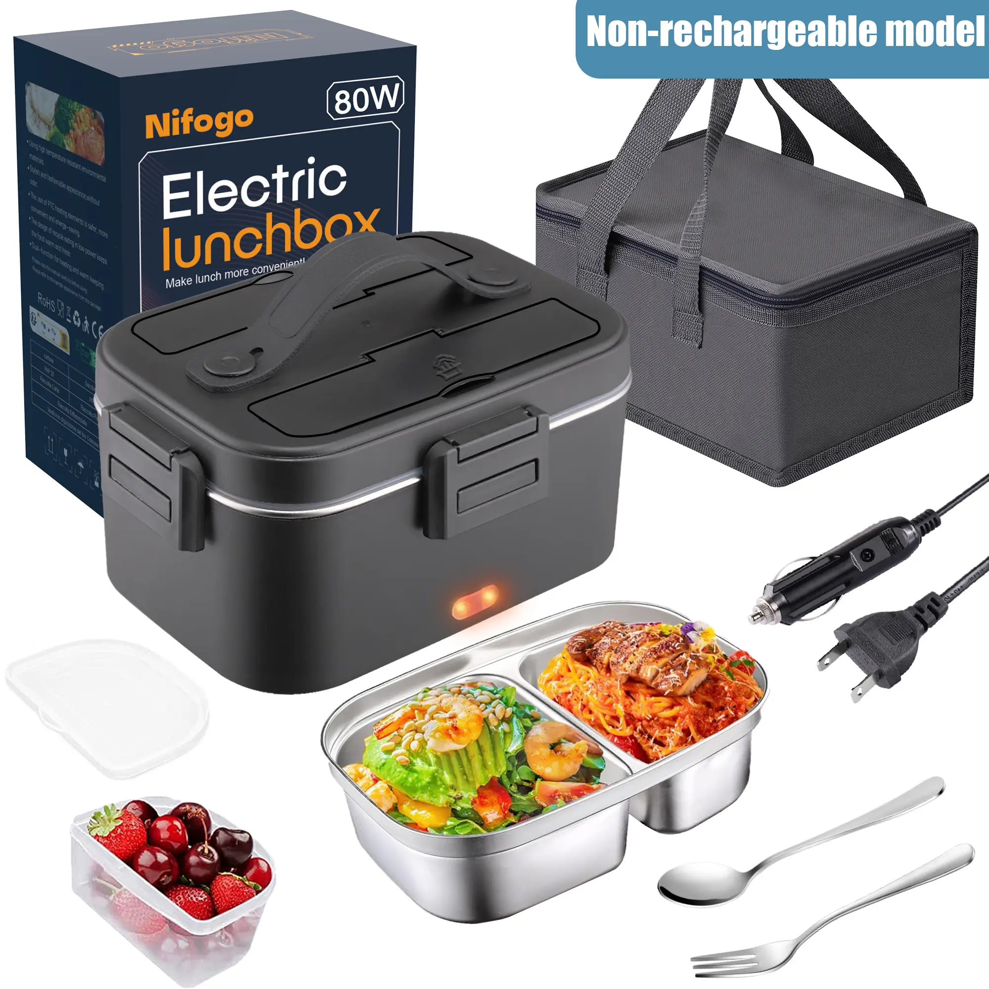 80W Electric Lunch Box Food Warmer, Plug-In Electric Lunch Box, 12V/24V/110V Self-Heating Lunch Box for Work and Travel with Insulated Pouch 1.5L/1.8L