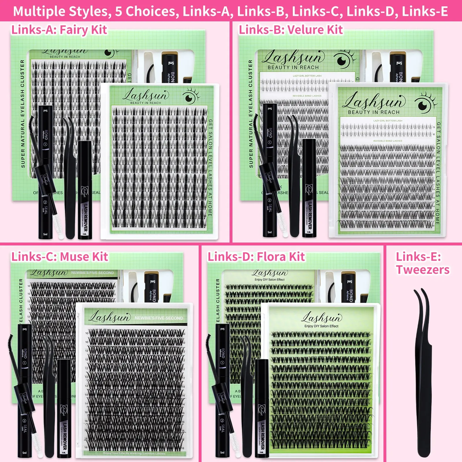 LASHSUN Clusters Lashes Kit with Ultra-Dense, Waterproof, Long-Lasting, Volumized false eyelashes, Velure, Fairy, Natural Daily, Manga&Wet Look, Hybrid Volume Look, Beginner-Friendly, Kit with Bond & Seal, Tweezers and Remover Eyelashes