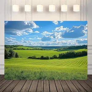 1pc Durable Polyester Spring-Themed Banner - Lush Green Meadow with Trees, Blue Sky & Clouds Backdrop | Perfect for Birthday, Garden & Room Decor | Easy-Hang Holes, No Electricity Required,