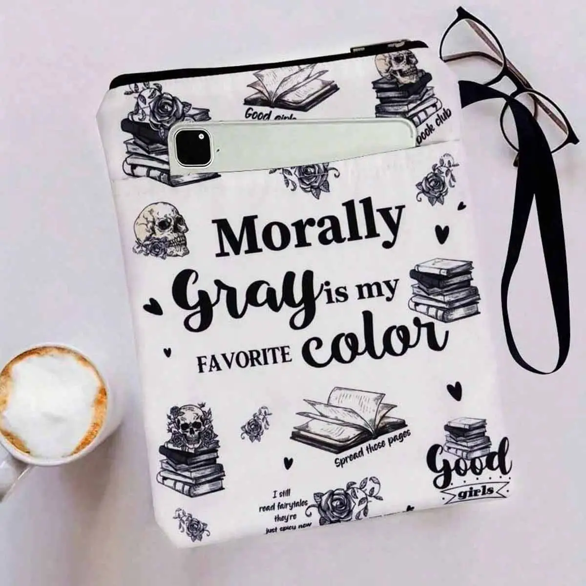 Stylish Zippered Book Cover, 1 Count Waterproof Zipper Case, Book Skull Pattern Book Case with Accessory Pockets, School Supplies