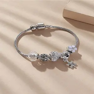 Creative Beaded Copper Bracelet – DIY Design with Rhinestone Ball, Heart-Shaped Letter & Flower Drip Charms