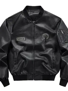 Plus Size American Embroidered Stand Collar Jacket, Unisex PU Leather Motorcycle Coat, Street Style Flight Outerwear, Casual Fashion, Motorcycle Streetwear