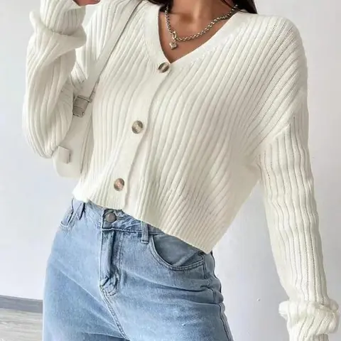 Women's Plain Button Front Drop Shoulder Cardigan, Casual Solid Long Sleeve V Neck Knitwear for Fall & Winter, Women's Clothing for Daily WearGift