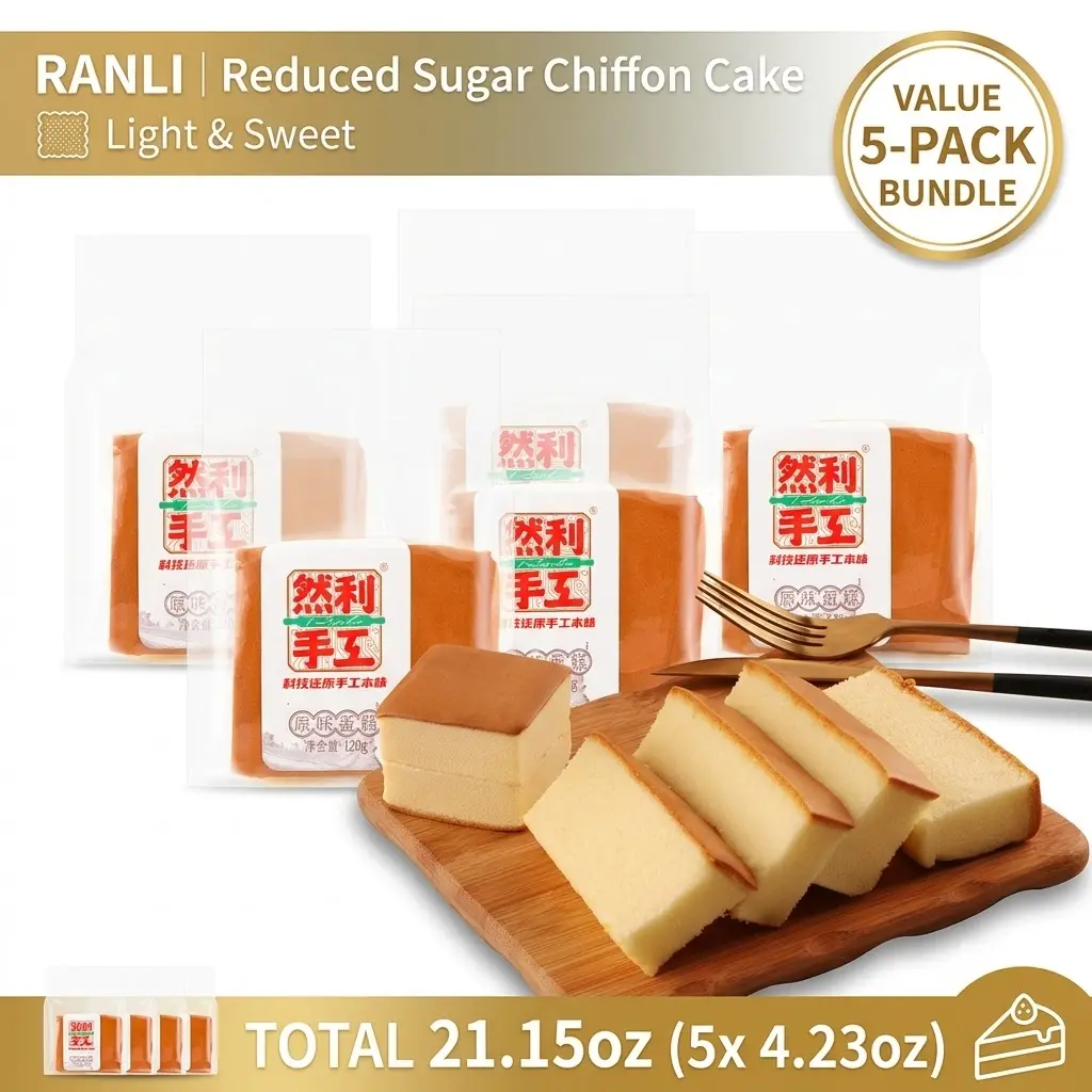 Ranli 5-Pack Reduced Sugar Chiffon Cake - 4.23oz Each - Pillow Soft Original Sponge Cake, Light and Sweet Breakfast Pastry, Individually Wrapped Asian Bakery Snack (Total 21.15oz)