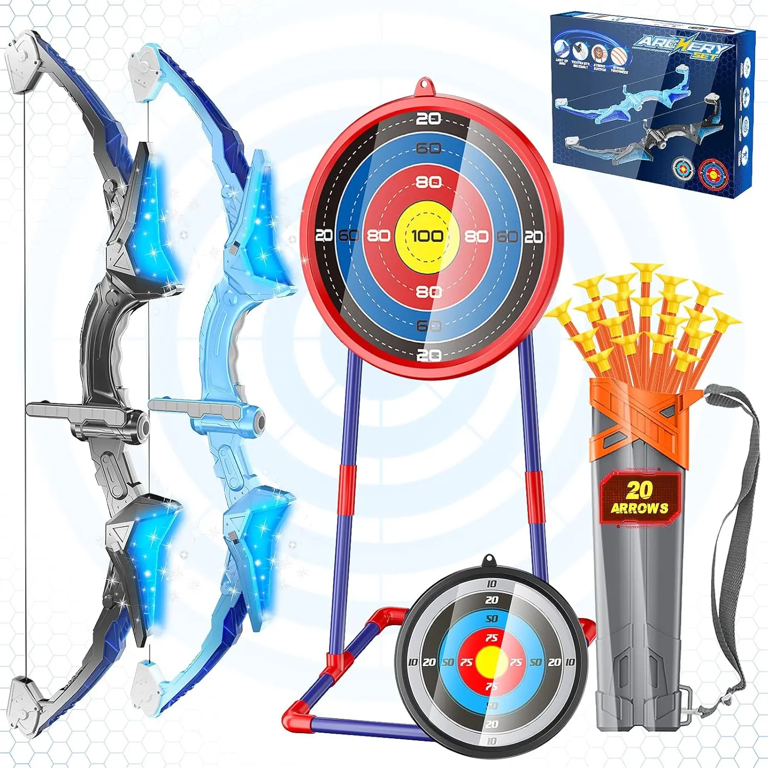 HOLIBIBE 2 Pack Kids Bow and Arrow, 20 Suction Cup Arrows, 2 Archery Targets&Quiver, Light-up Set for 4 5 6 7 8 9 10 11 12 Year Old, Indoor Outdoor Toys...