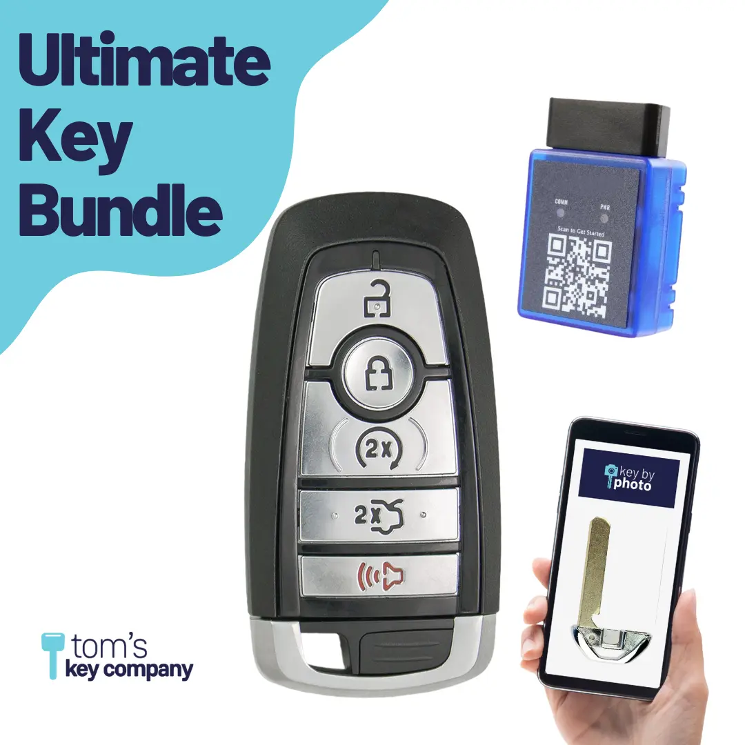 Ultimate Smart Key Bundle with Programming Tool, Aftermarket 5-Button Smart Key Fob and Key By Photo for Select Ford and Lincoln Vehicles (FORSK-5B-FOB-HITAG-UKB)