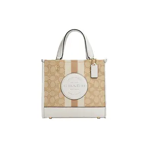 COACH Dempsey 22 Logo Monogram Tote Bag in Khaki and White Canvas with Leather Trim for Women