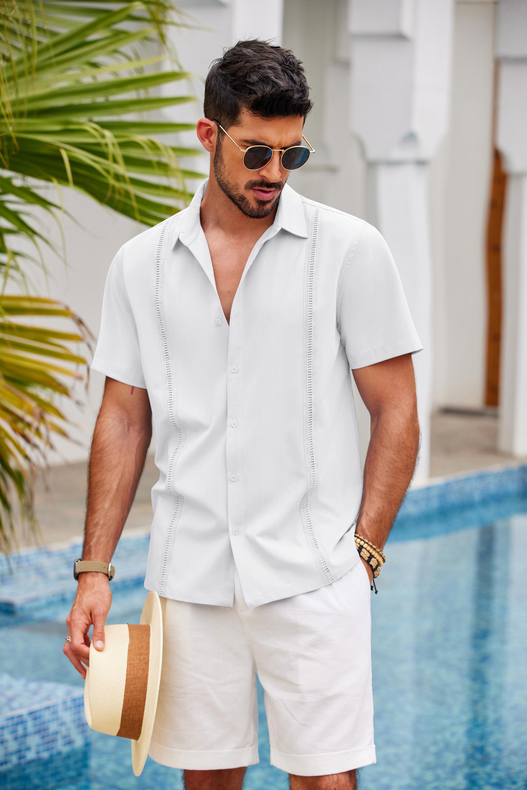 COOFANDY Mens Short Sleeve Cuban Guayabera Shirt Casual Summer Beach Button Down Shirts Menswear Top Clothing Soft